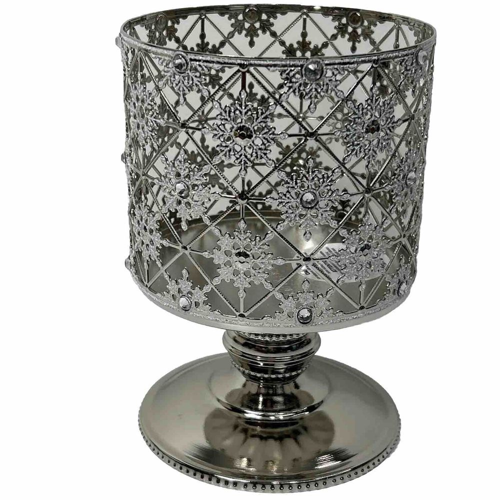 Bath & Body Works 3 Wick Candle Holder Pedestal Snowflake Silver Geometric